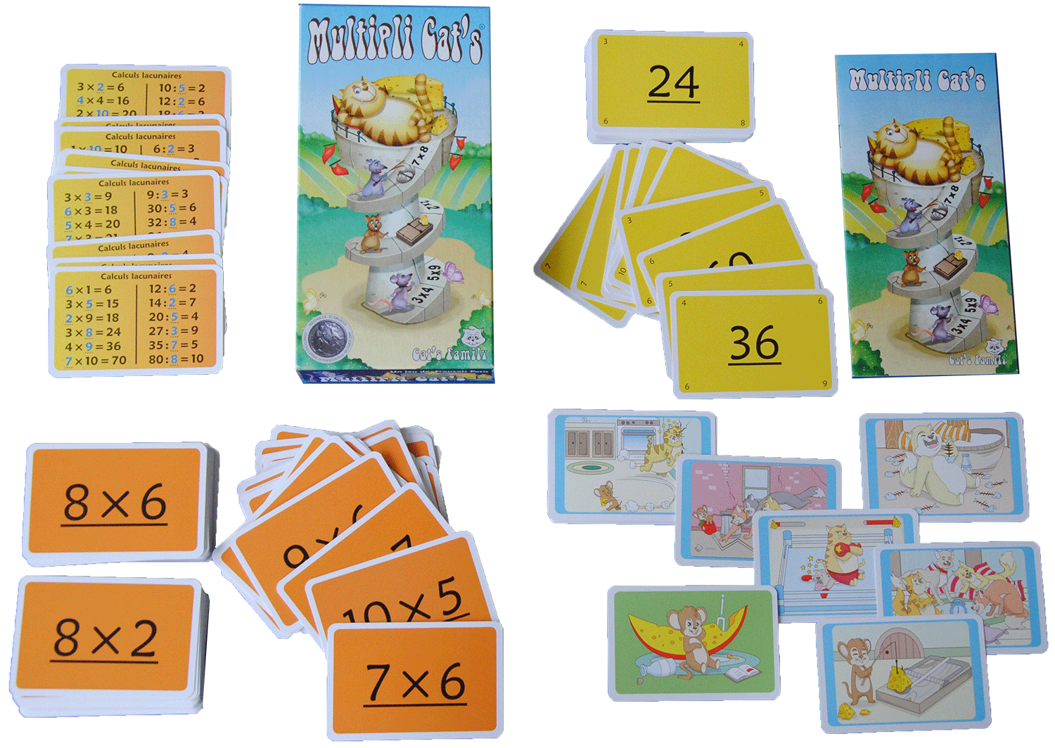 Contenu du jeu Multipli Cat's de Cat's Family, pour apprendre et maitriser les tables de multiplication