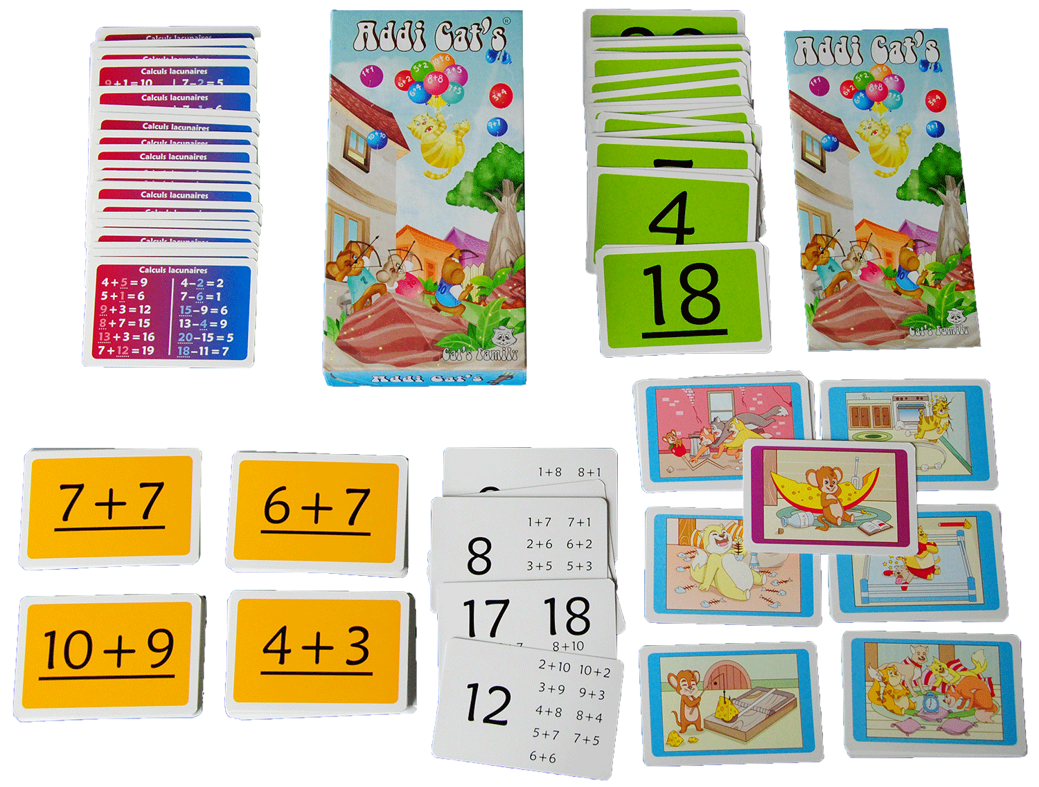 Contenu du jeu Addi Cat's de Cat's Family, pour apprendre et maitriser les tables d'addition