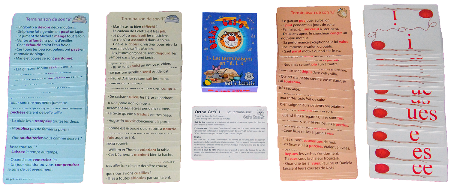 Contenu du jeu Ortho Cat's 1 - Les terminaisons de Cat's Family, pour apprendre et maitriser le sens et l'orthographe des mots invariables