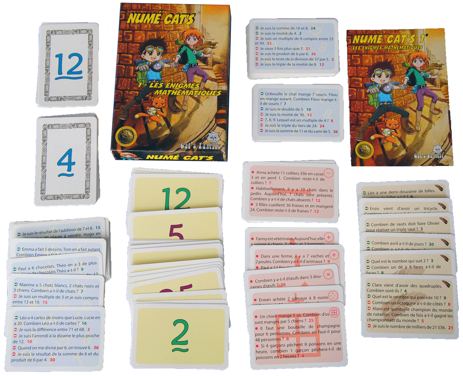 Contenu du jeu Numé Cat's 1 de Cat's Family, pour apprendre et maitriser la résolution de problèmes et le vocabulaire mathématique