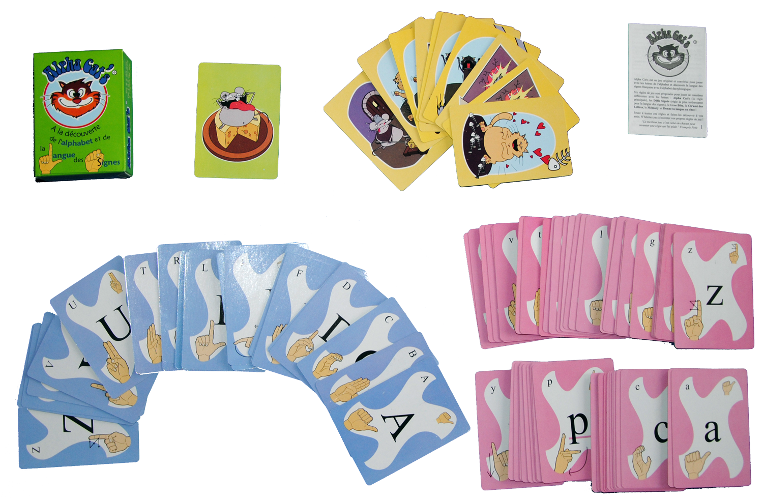 Contenu du jeu Alpha Cat's de Cat's Family, pour apprendre les lettres et l'alphabet dactylologique de la LSF