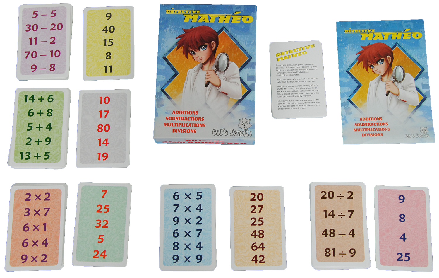 Contenu du jeu Détective Mathéo de Cat's Family, pour apprendre et maitriser les fractions et leurs représentations