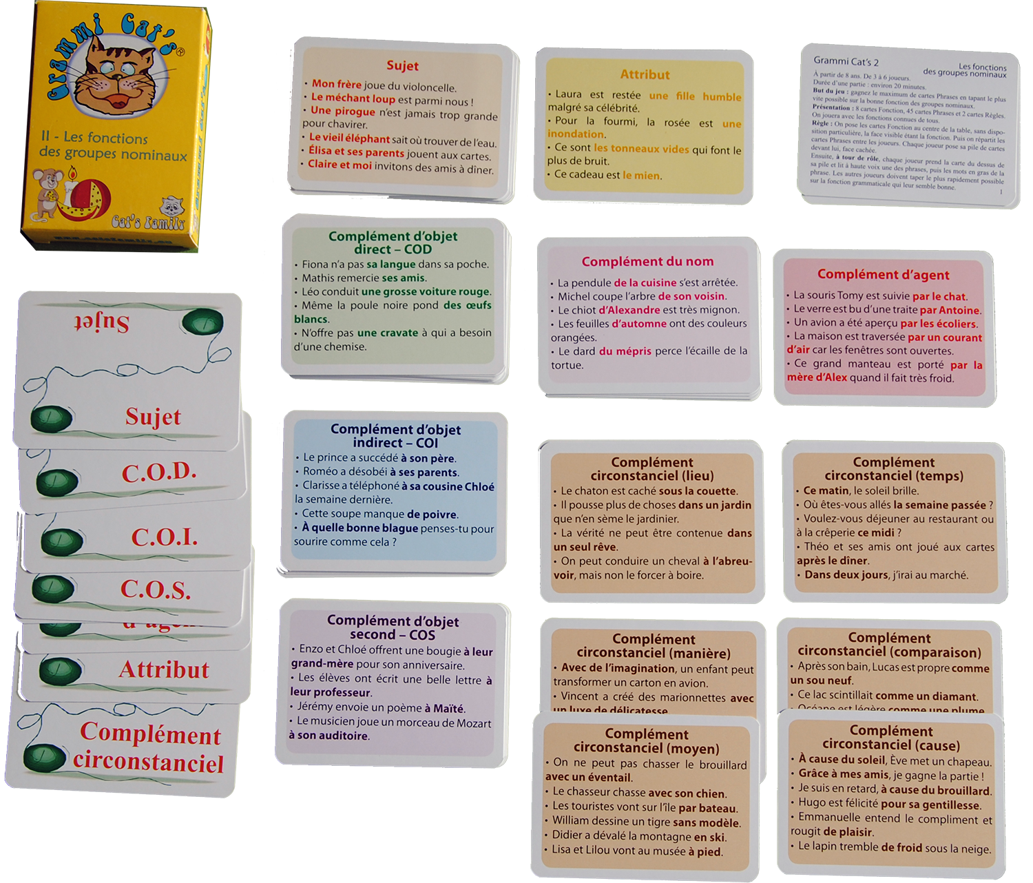 Contenu du jeu Grammi Cat's 2 - Les fonctions grammaticales de Cat's Family, pour apprendre et maitriser les principales natures de mots de la langue française