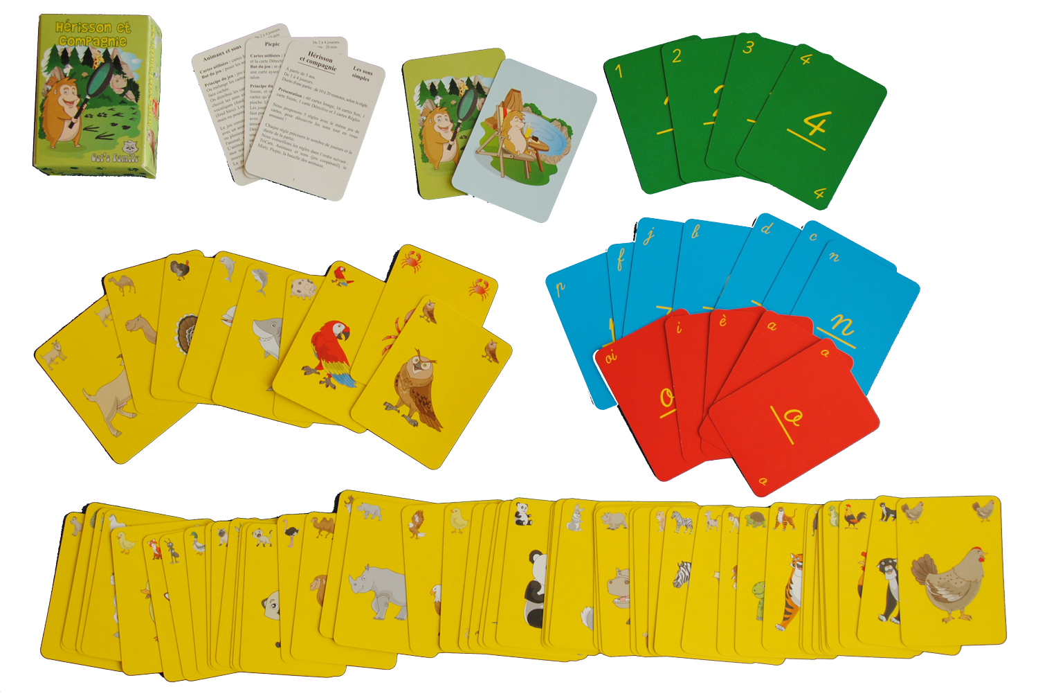 Contenu du jeu Hérisson et Compagnie de Cat's Family, pour apprendre et maitriser les sons simples