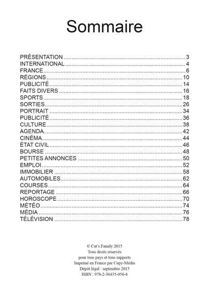 Sommaire du manuel Lecture fine d'un journal - Lecteur, lecture et compréhension de texte, édité par Cat's Family 