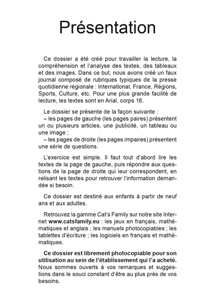 Extrait du manuel Lecture fine d'un journal - Lecteur, lecture et compréhension de texte, édité par Cat's Family 