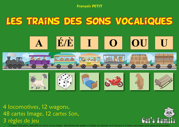 Boite du jeu Les trains des sons vocaliques de Cat's Family, sur l'apprentissage des sons simples