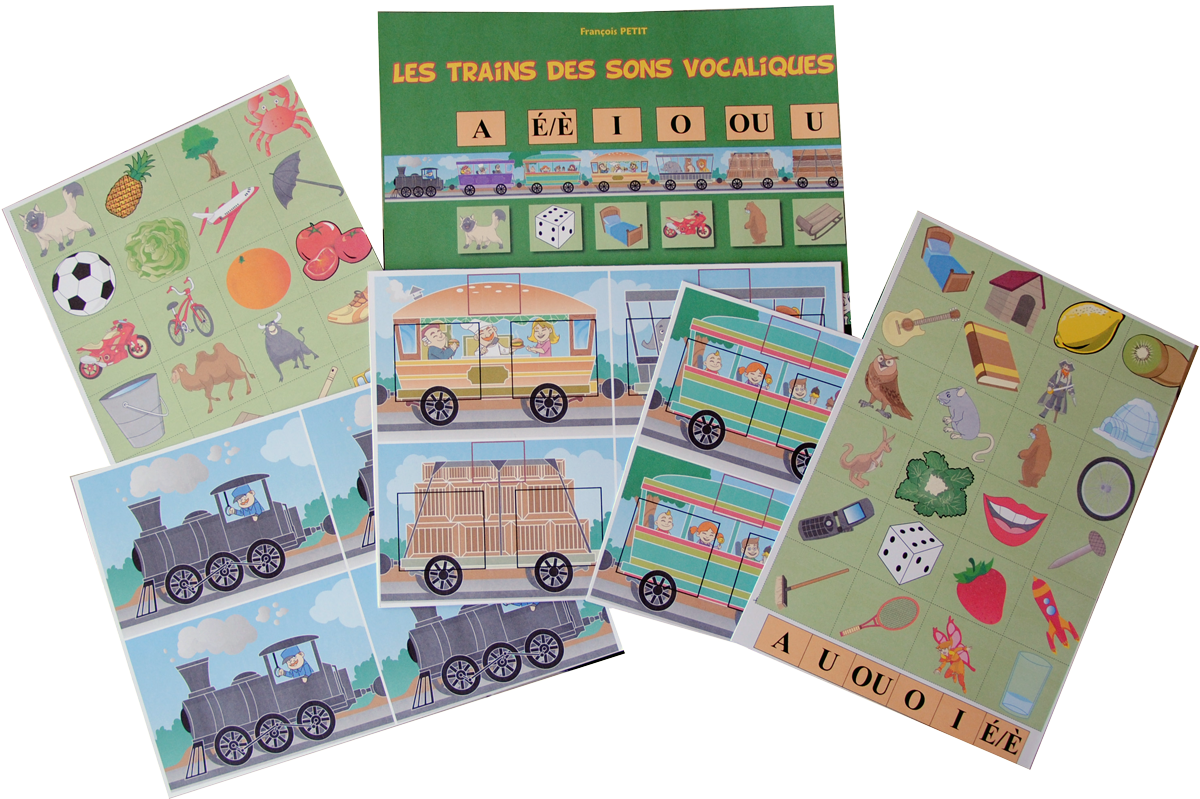 Contenu du jeu Les trains des sons vocaliques de Cat's Family, sur l'apprentissage des sons simples