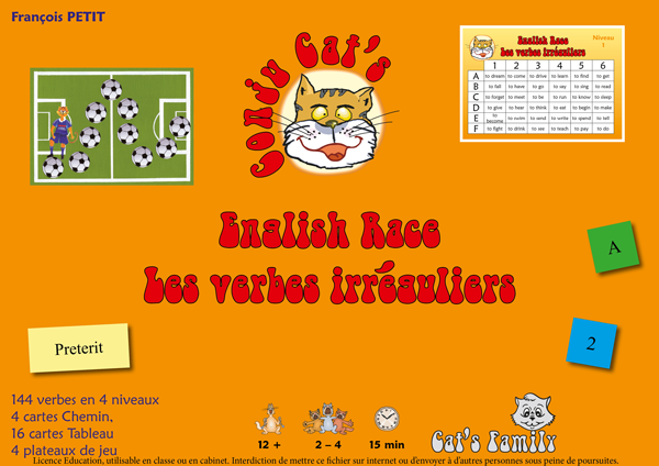 Boite du jeu English Race - Les verbes irréguliers anglais de Cat's Family, sur l'apprentissage des verbes irréguliers anglaiss