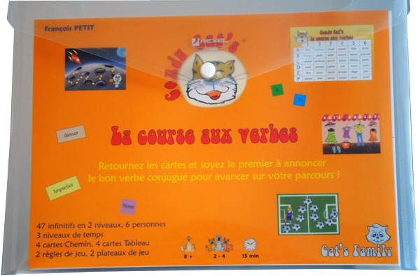 Boite du jeu La course aux verbes de Cat's Family, sur l'apprentissage de la conjugaison française
