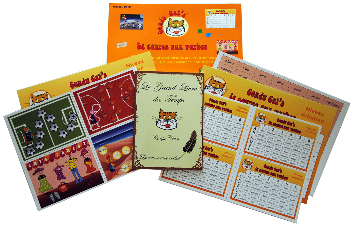 Contenu du jeu La course aux verbes de Cat's Family, sur l'apprentissage de la conjugaison française