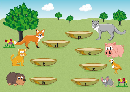 Plateau de jeu Donne à manger aux animaux, pour le jeu Nos amies les lettres muettes de Cat's Family, sur l'orthographe des mots