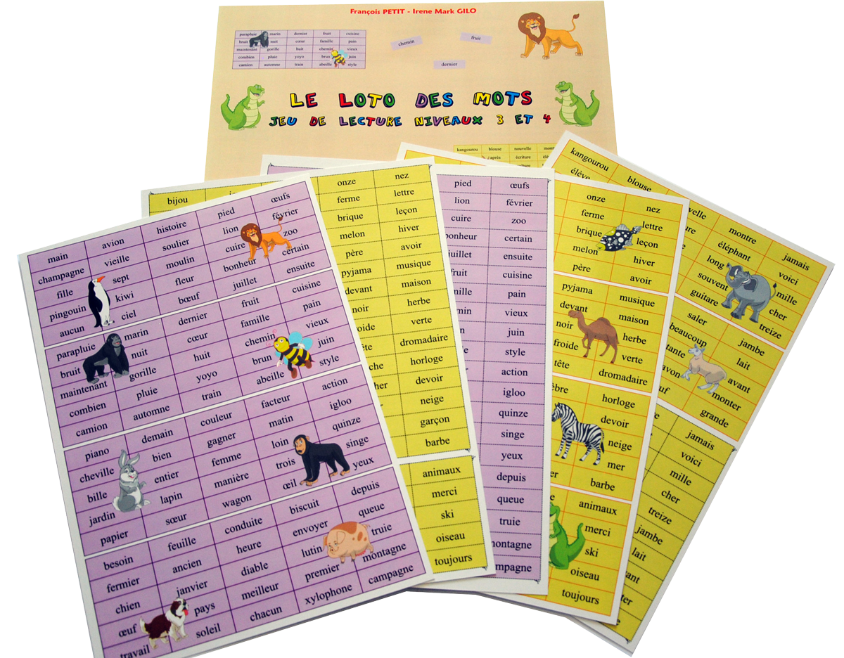 Contenu du jeu Loto des mots - Niveaux 3 et 4 de Cat's Family, sur la lecture de mots