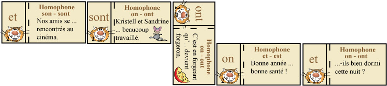 Contenu du jeu Ortho Domino 2 - Les homophones grammaticaux de Cat's Family, sur l'orthographe grammaticale