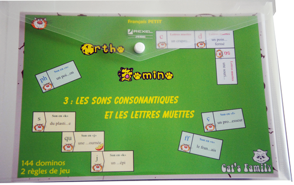 Boite du jeu Ortho Domino 3 - Les sons consonantiques de Cat's Family, sur l'orthographe lexicale