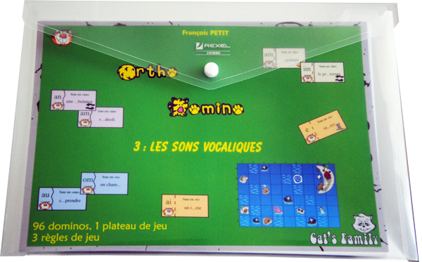 Boite du jeu Ortho Domino 3 - Les sons vocaliques de Cat's Family, sur l'orthographe lexicale