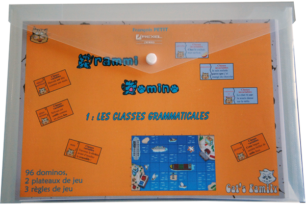 Boite du jeu Grammi Domino 1 - Les classes grammaticales de Cat's Family, sur la grammaire et les classes grammaticales