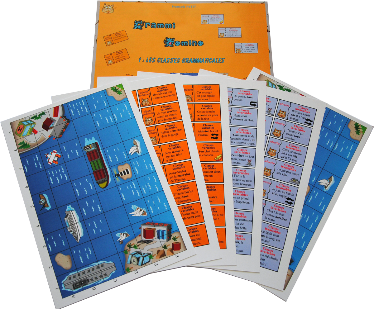 Contenu du jeu Grammi Domino 1 - Les classes grammaticales de Cat's Family, sur la grammaire et les classes grammaticales