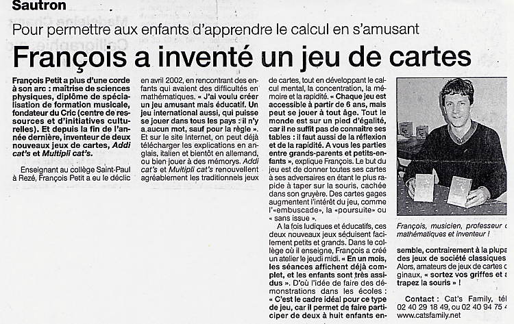 Article de presse en janvier 2004 sur les jeux Addi Cat's et Multipli Cat's